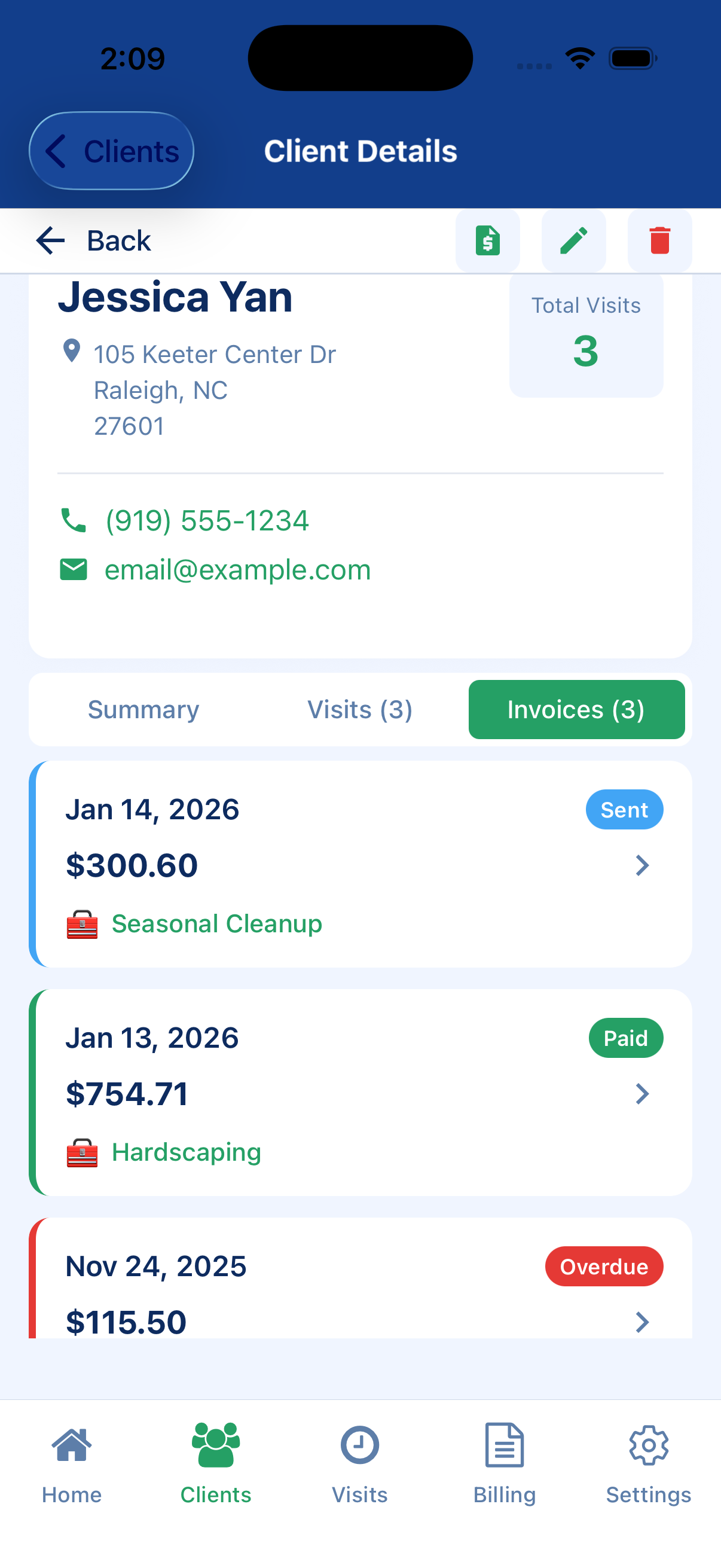 OnSight client details showing past services in various states of payment