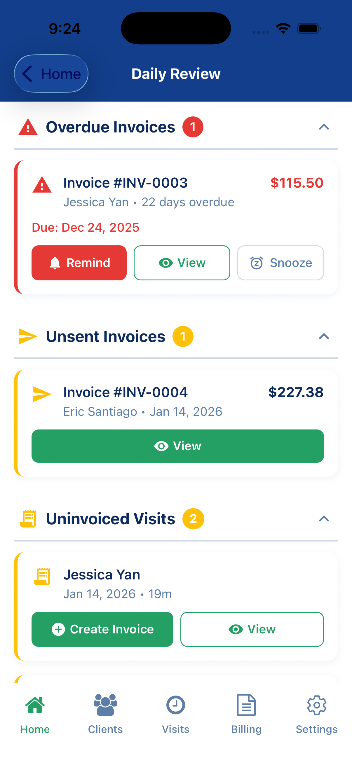 OnSight daily review showing past services in need of action