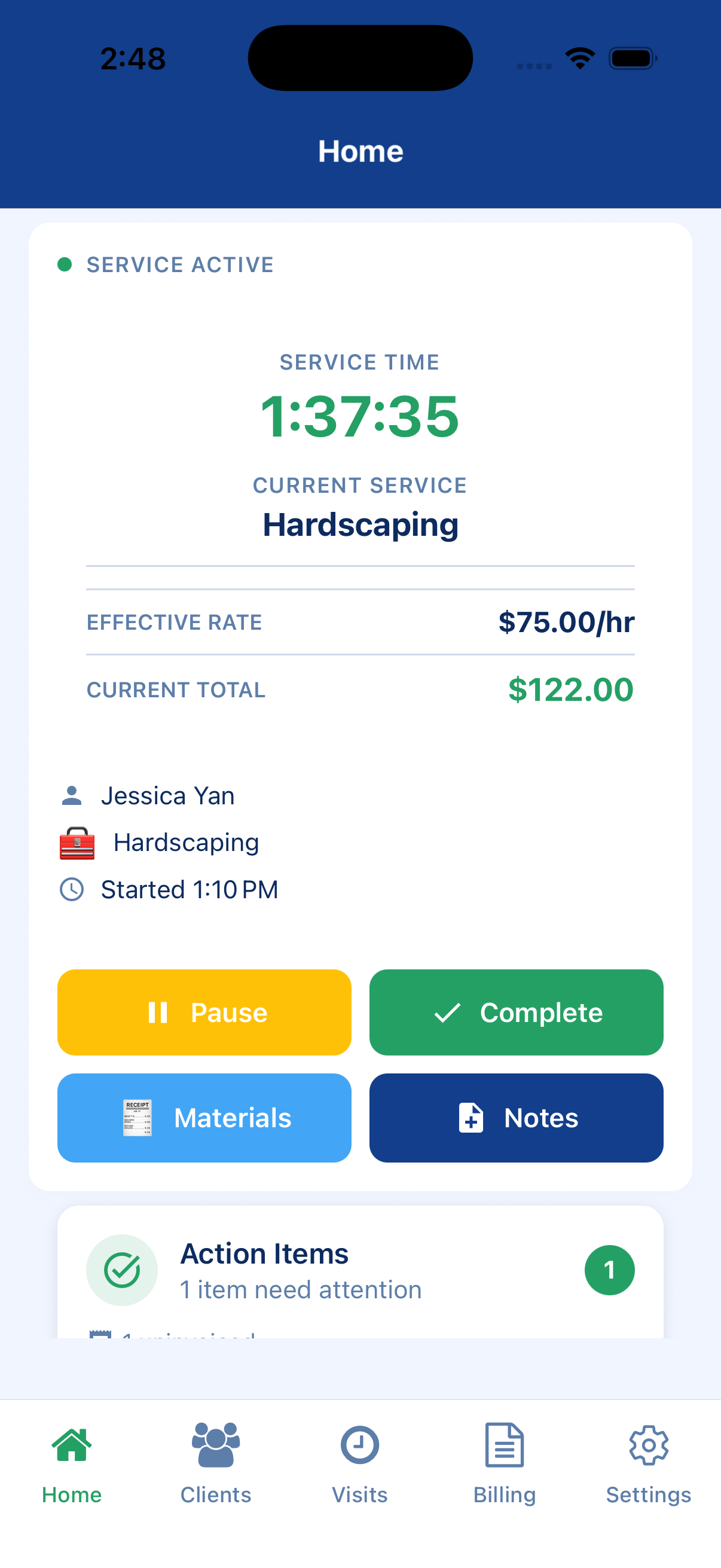 OnSight Home / Today screen showing an active visit for the client