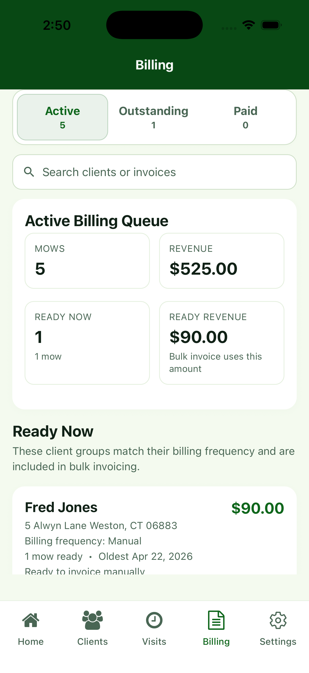 Mow Money billing summary showing a client ready for invoicing