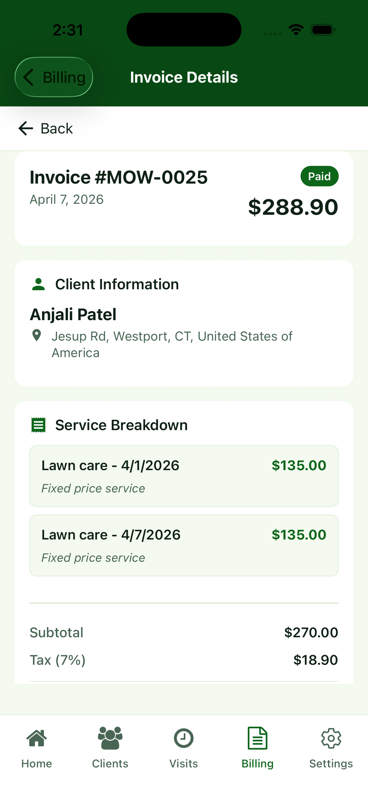 Mow Money sample invoice showing two mows