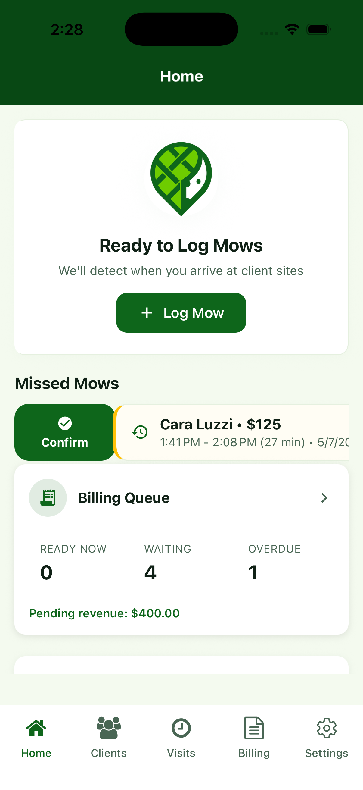 Mow Money home screen showing a user swiping to confirm the mow