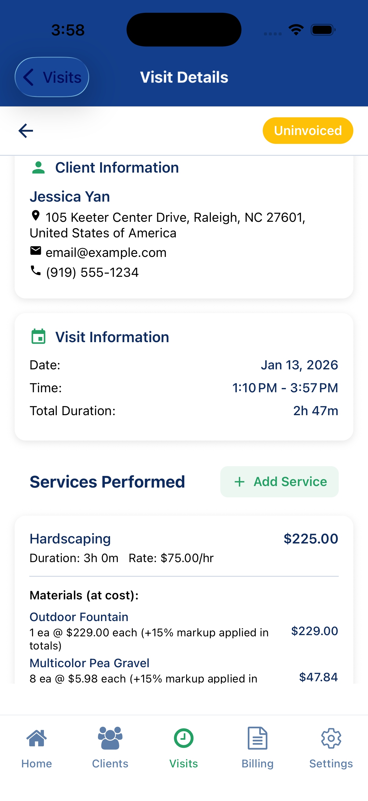 OnSight visit details screen showing services, materials, and timing